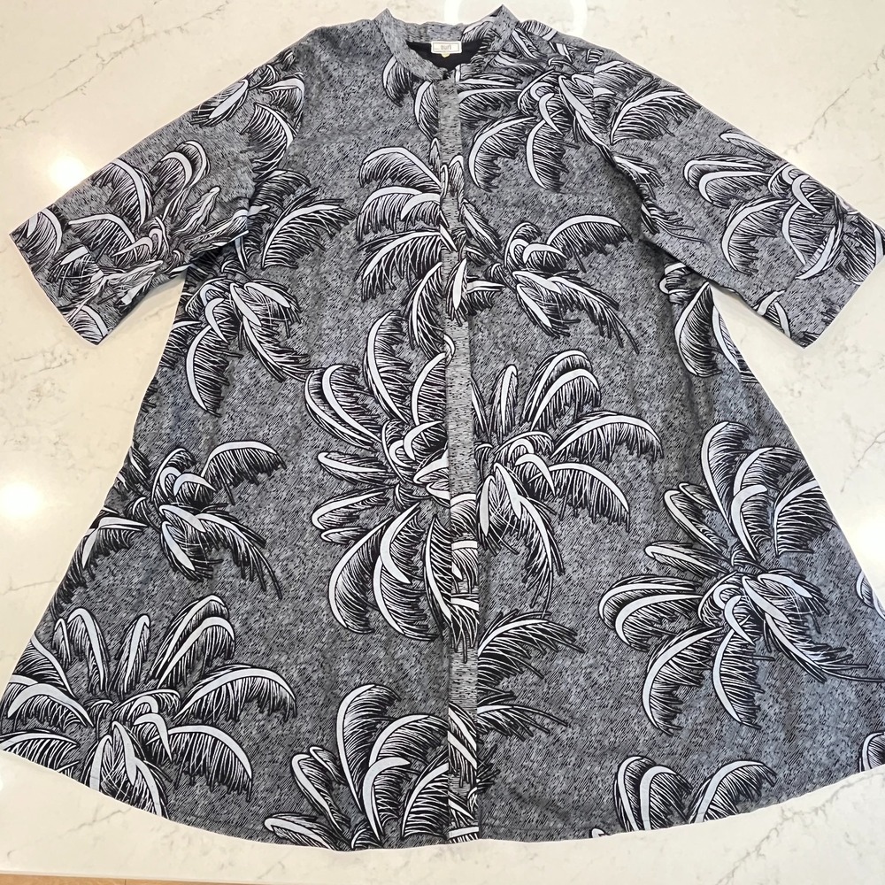 Zuri Dress Womens 2X Black Gray Print‎ 3/4 Slv A-Line Button Front Pockets Kenya